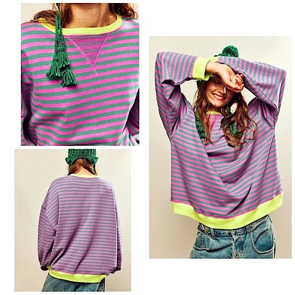 Free People Striped Long Sleeve Tee - Purple and Green - Picture 3 of 6